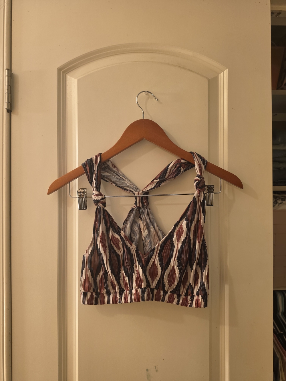 Anthropologie Knotted Strappy Crop Top in Brown, Cream & Black Sz M